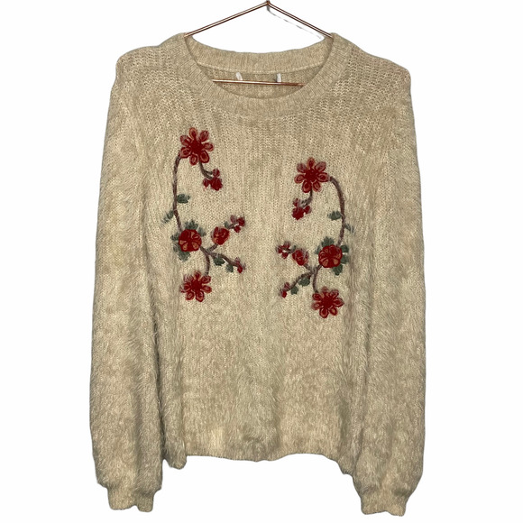 Woven Heart Pullover Long Sleeve Red Flower Embroidered Sweater Small - Picture 1 of 7